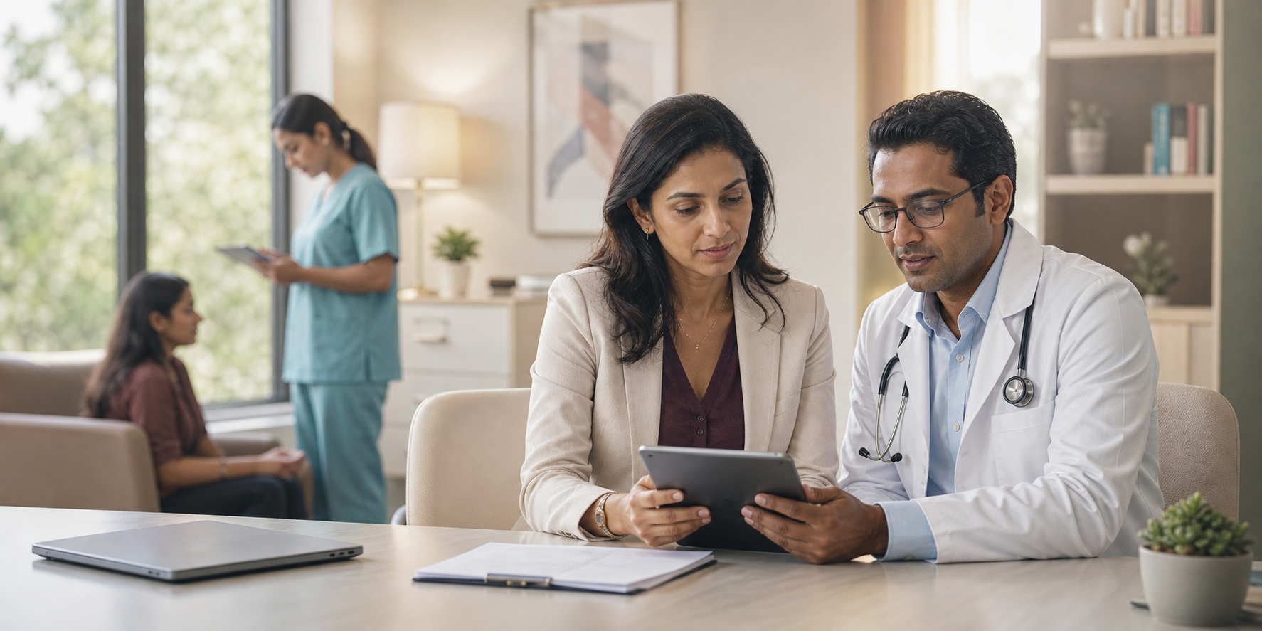 Doctor and clinic partner reviewing specialty clinic care operations