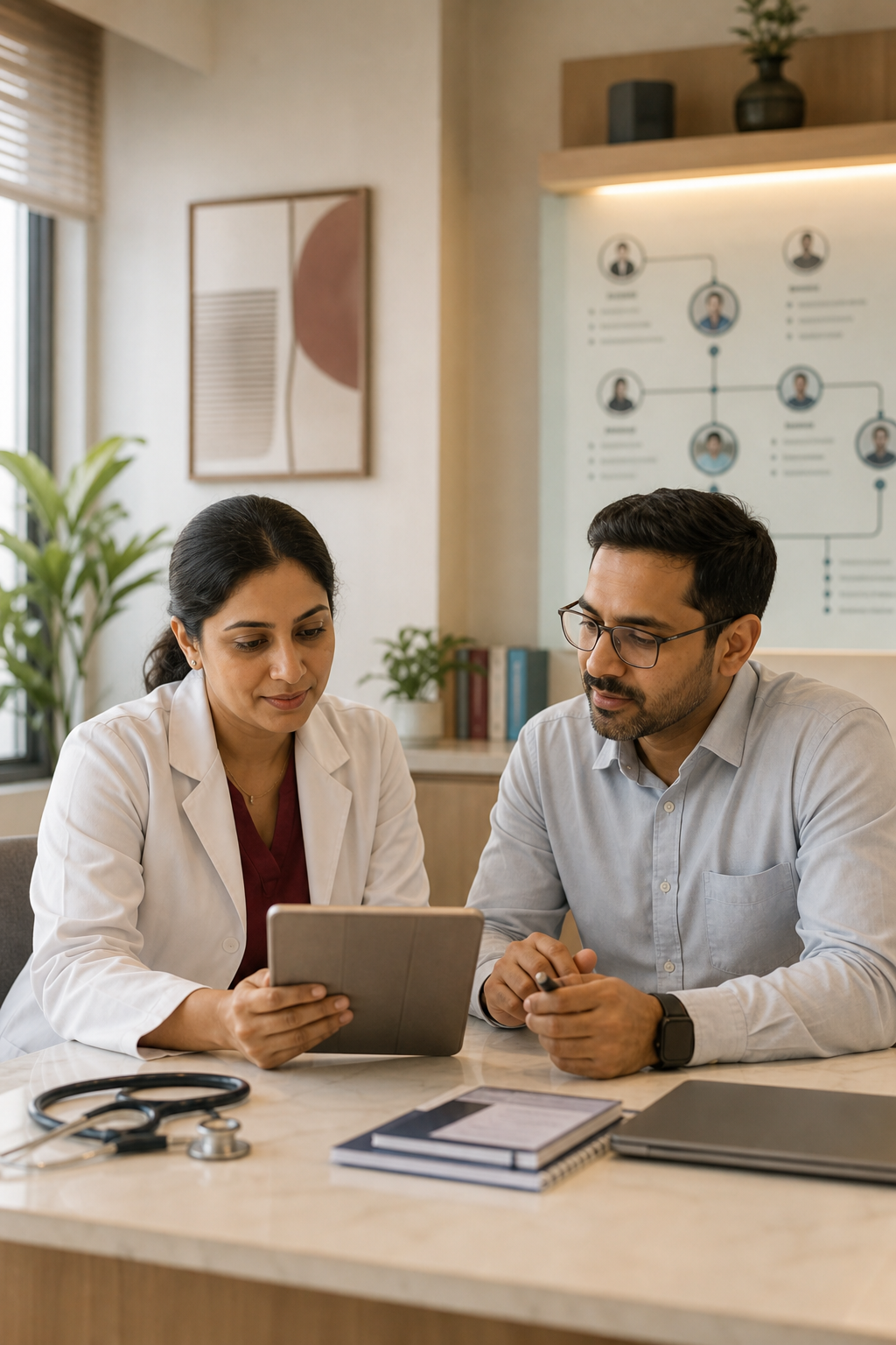 Doctor and clinic operations partner reviewing specialty care workflow